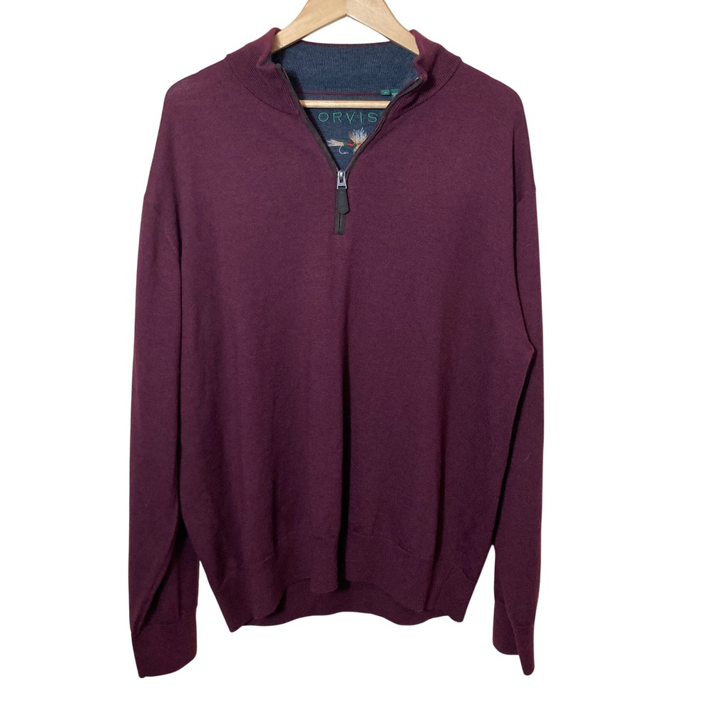 Orvis Mens XL Quarter Zip Pullover Burgundy Maroon‎ Fly Fishing Embroidery